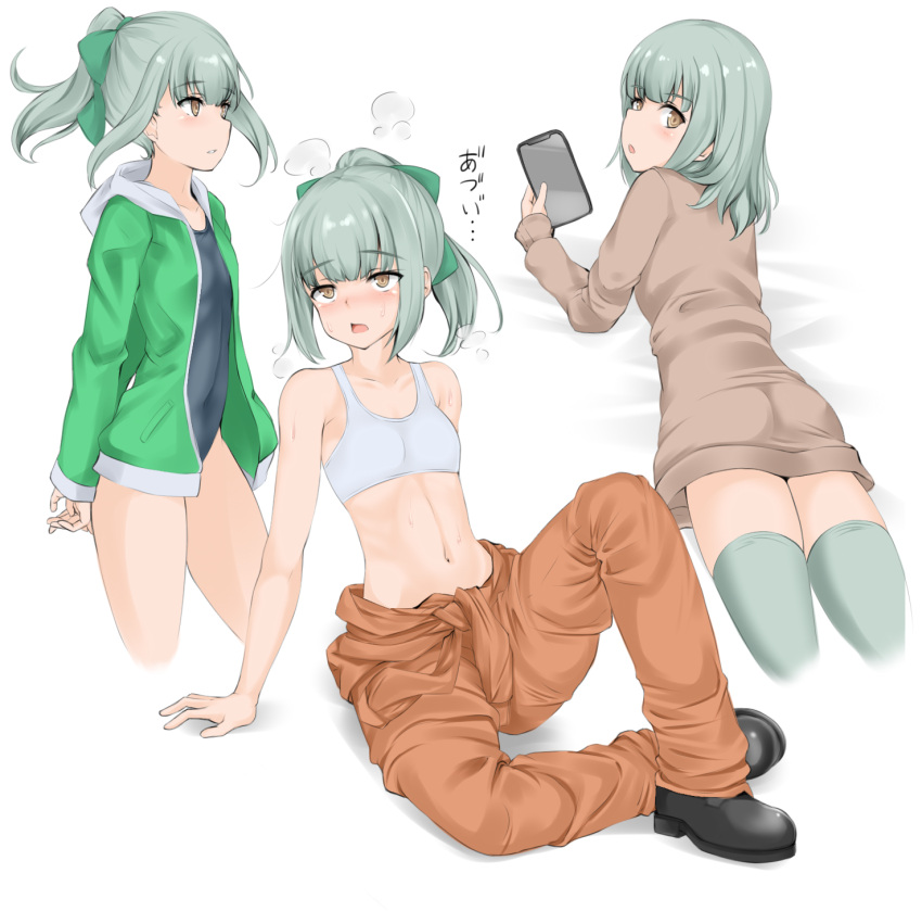 1girl, alternate_costume, bangs, black_footwear, blush, bow, brown_eyes, cellphone