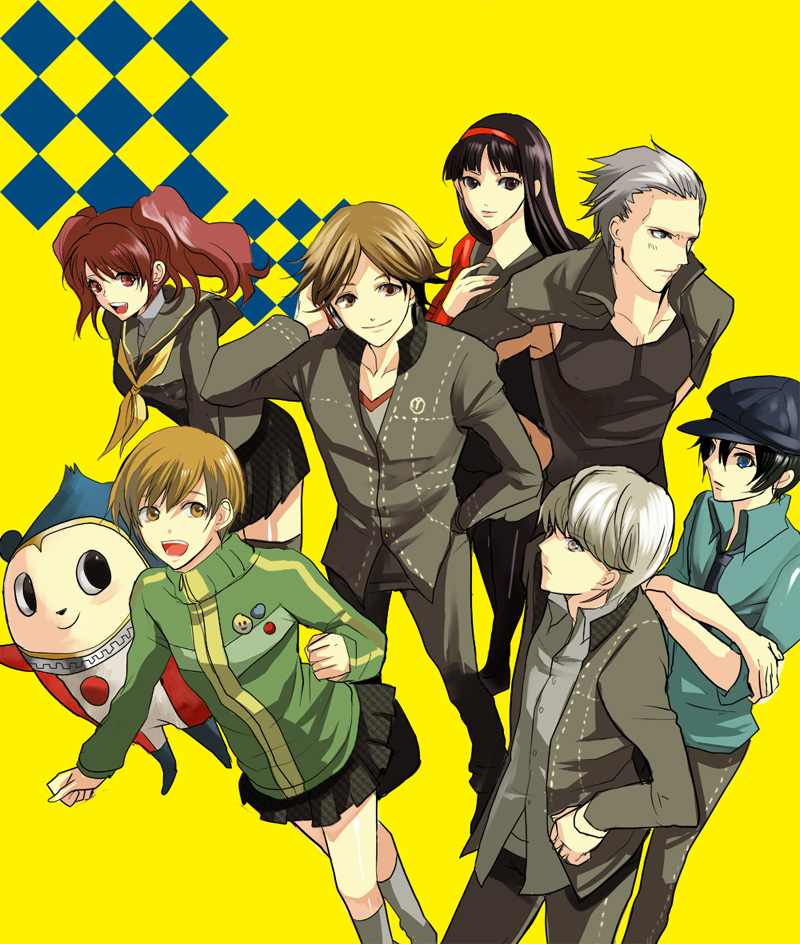 bad_id, cabbie_hat, campanella_shoko, checkered, everyone, hanamura_yousuke, hat, kujikawa_rise