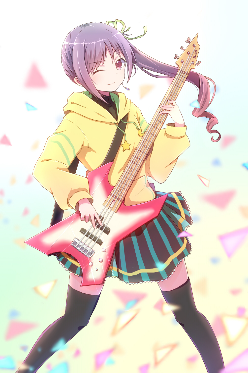 1girl, ;), asymmetrical_hair, bass_guitar, black_legwear, confetti, drill_hair, eyebrows_visible_through_hair