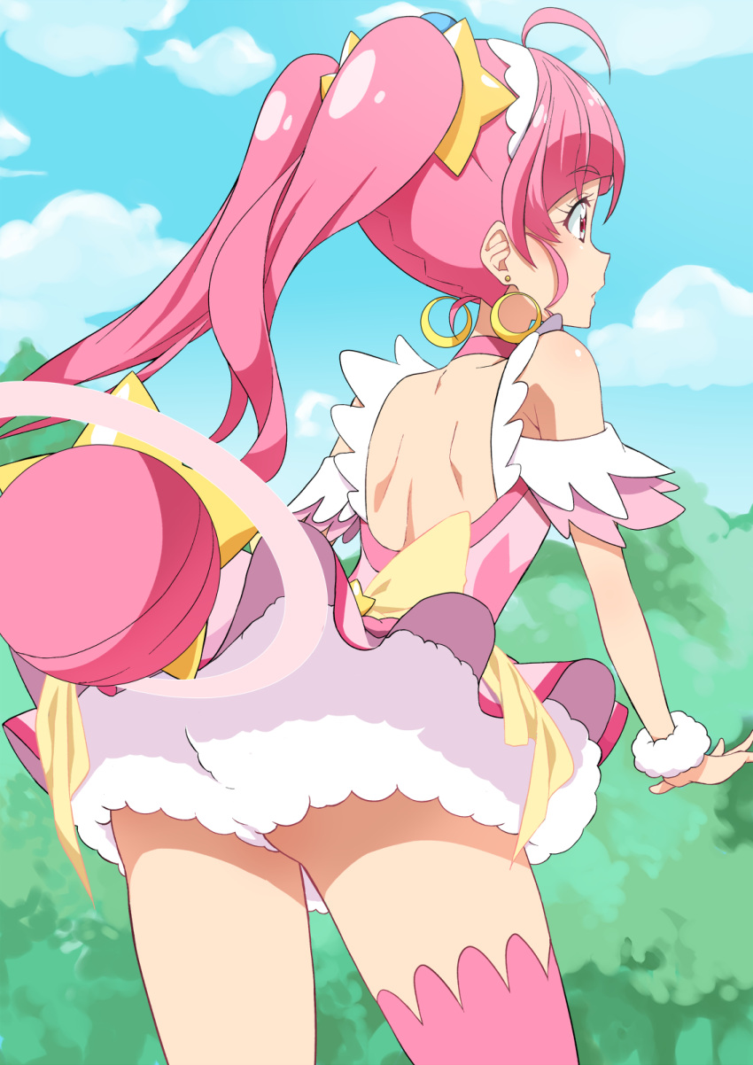 1girl, backless_outfit, blue_sky, choker, clouds, commentary_request, cure_star, day