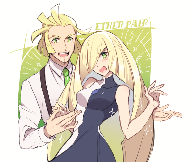 1boy, 1girl, :d, artist_name, bare_arms, bare_shoulders, blonde_hair, blush