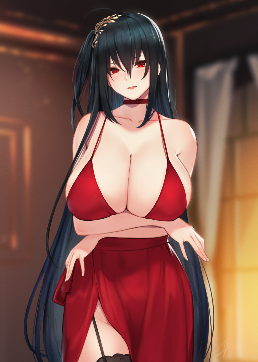 1girl, absurdres, ahoge, arms_under_breasts, azur_lane, bangs, bare_arms, bare_shoulders, black_hair, black_legwear, blurry, blurry_background, blush, breast_hold, breasts, choker, cleavage, cocktail_dress, collarbone, cowboy_shot, crossed_arms, depth_of_field, dress, fangs, fingernails, garter_straps, groin, hair_between_eyes, hair_ornament, halter_top, halterneck, hayabusa, head_tilt, highres, huge_breasts, huge_filesize, indoors, large_breasts, long_hair, looking_at_viewer, mole, mole_on_body, mole_on_breast, open_mouth, paid_reward, parted_lips, red_choker, red_dress, red_eyes, sidelocks, signature, skindentation, slit_pupils, smile, solo, standing, taihou_(azur_lane), taihou_(forbidden_feast)_(azur_lane), thigh-highs, very_long_hair
