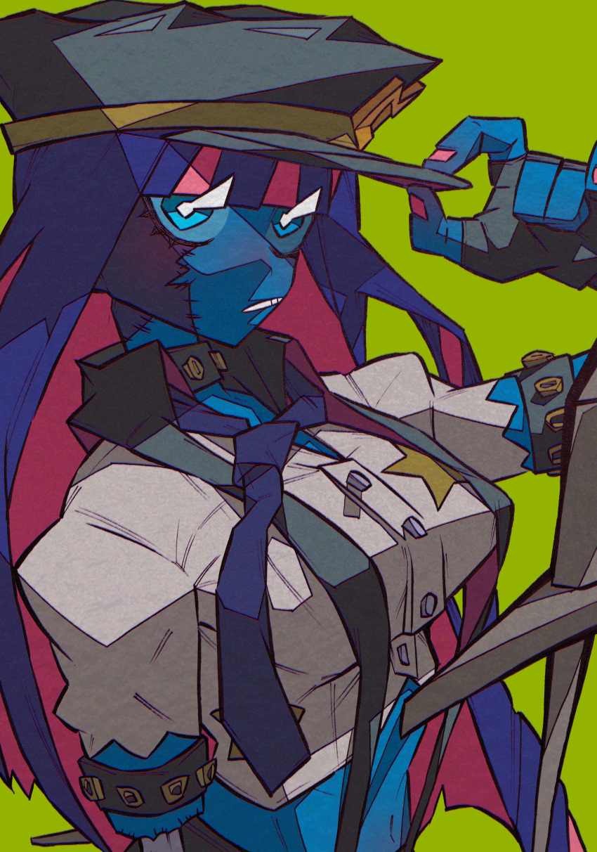 1girl, absurdres, adjusting_clothes, adjusting_hat, bangs, black_gloves, black_headwear, blue_eyes