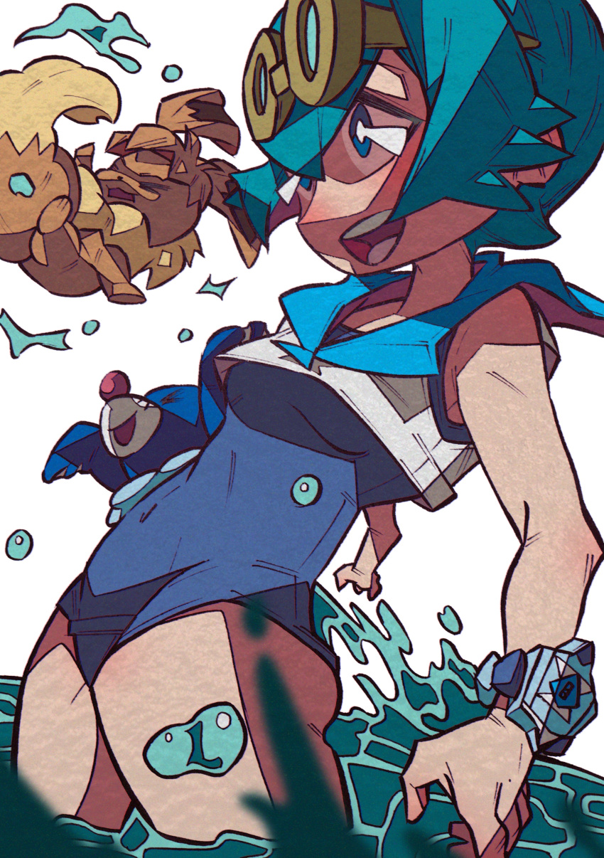 1girl, :d, absurdres, bangs, blue_eyes, blue_hair, blue_swimsuit, breasts, bright_pupils, covered_navel, creatures_(company), crop_top, eevee, game_freak, gen_1_pokemon, gen_7_pokemon, hair_between_eyes, highres, nintendo, one-piece_swimsuit, open_mouth, pokemon, pokemon_(anime), pokemon_(creature), pokemon_sm_(anime), popplio, short_hair, small_breasts, smile, solo, suiren_(pokemon), swimsuit, swimsuit_under_clothes, teeth, thighs, wading, water, white_background, white_pupils, yaya_hiyayaka, z-ring