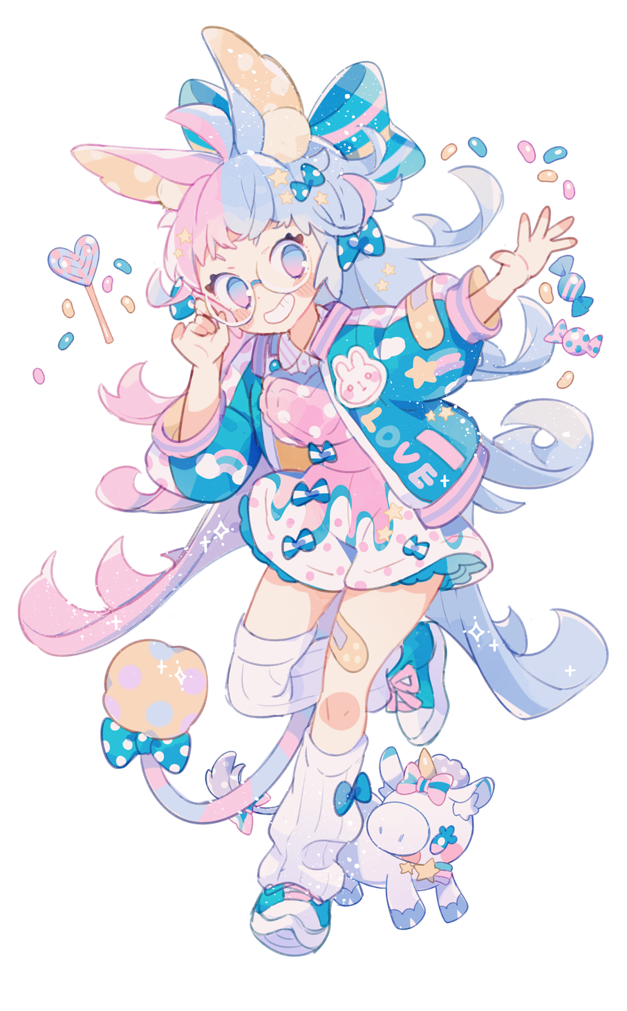 1girl, ahoge, animal_ears, bandaid_on_leg, blue_bow, blue_footwear, blue_hair, blush