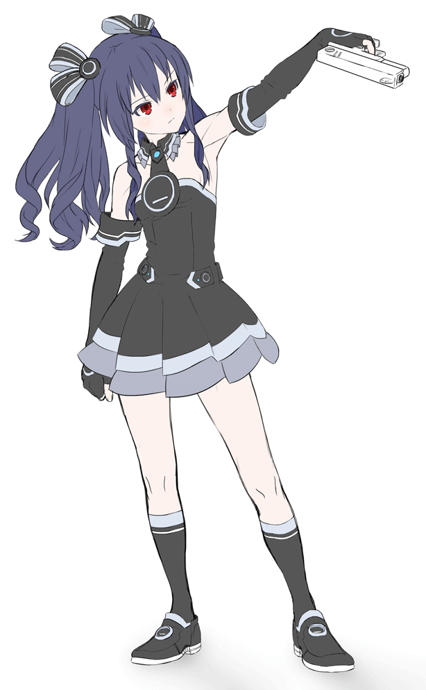 1girl, bare_shoulders, black_dress, black_gloves, black_hair, black_legwear, black_ribbon, detached_collar