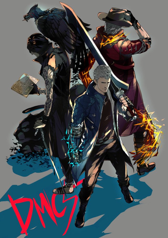 3boys, arm_tattoo, back-to-back, bare_shoulders, beak, bird, black_feathers, black_footwear, black_gloves, black_hair, black_legwear, blue_coat, book, bracelet, cane, clenched_hand, closed_mouth, coat, cowboy_hat, dante_(devil_may_cry), devil_may_cry, devil_may_cry_5, feathers, fingerless_gloves, gloves, grey_background, hat, holding, holding_book, holding_cane, holding_hat, holding_sword, holding_weapon, hood, hood_down, jewelry, mechanical_arm, multiple_boys, nanathuika, necklace, nero_(devil_may_cry), on_shoulder, panther, red_coat, red_scarf, sandals, scarf, simple_background, sleeping, smile, standing, sword, tattoo, torn_clothes, v_(devil_may_cry), weapon, white_hair