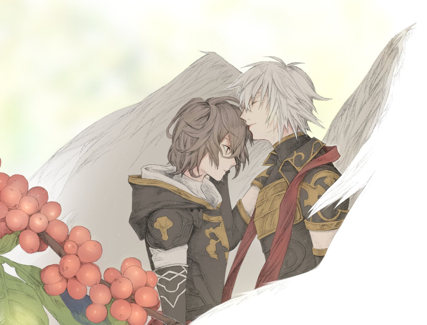 2boys, angel_wings, armor, berries, black_gloves, branch, brown_eyes, brown_hair
