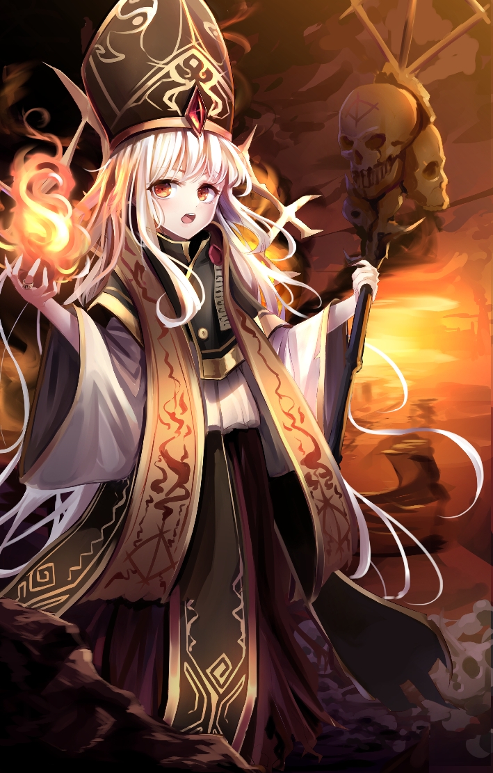 1girl, amae2366, black_headwear, bone, brown_background, fire, full_body, gold_trim, hat, holding, holding_staff, jewelry, long_hair, looking_at_viewer, open_mouth, red_eyes, ring, skull, staff, standing, very_long_hair, vestments, water, white_hair, wide_sleeves, witch