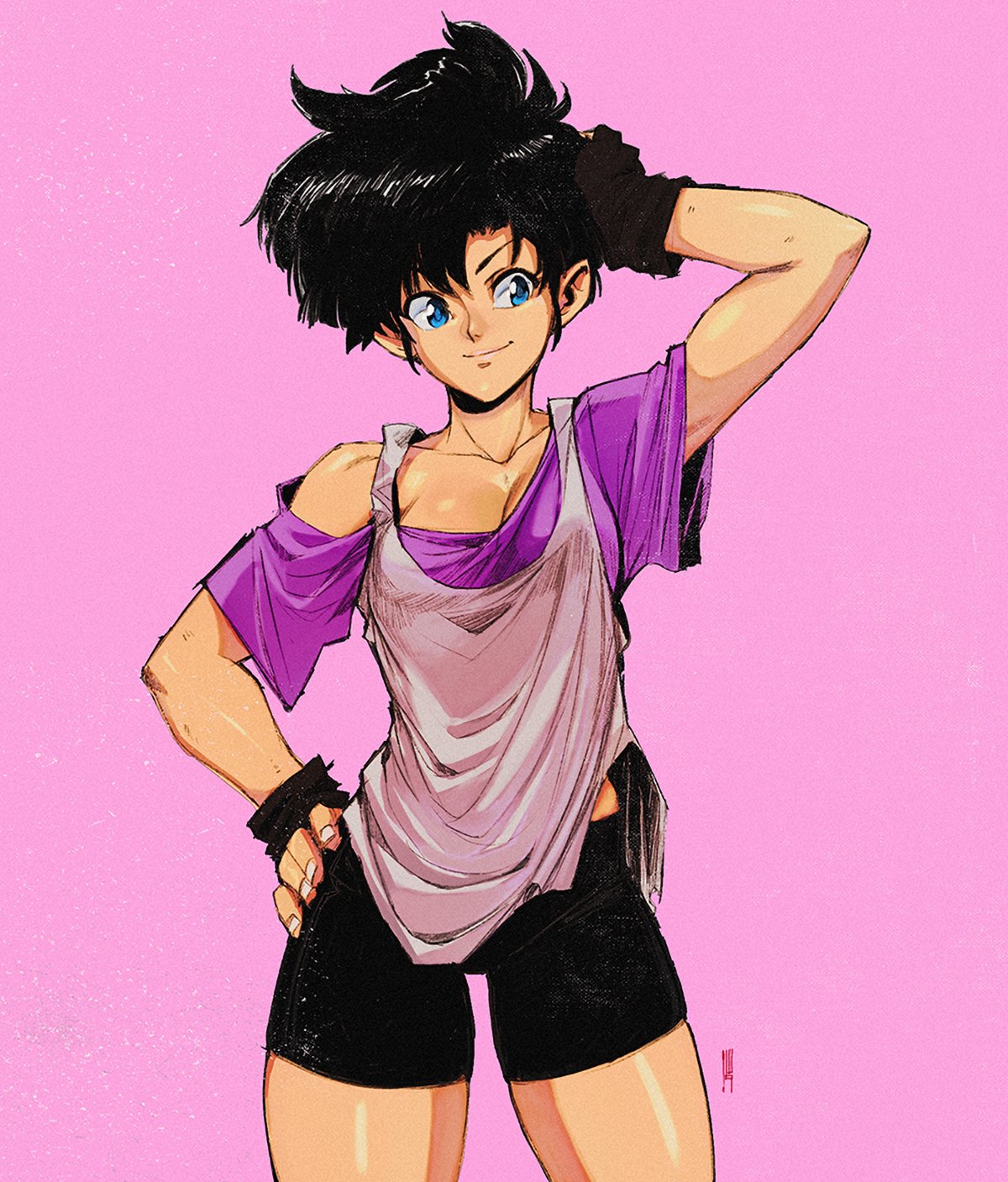 1girl, 90s, bike_shorts, black_hair, blue_eyes, breasts, brown_gloves, cleavage