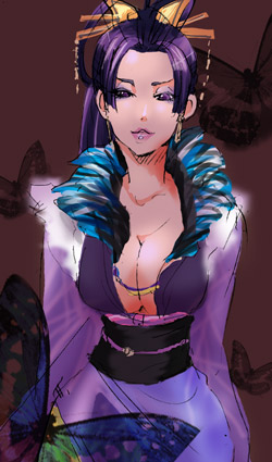 capcom, cleavage, earrings, eyeshadow, hair_ornament, japanese_clothes, jewelry, large_breasts, lipstick, lowres, noh, nouhime, purple_eyes, purple_hair, sengoku_basara, sengoku_musou, solo