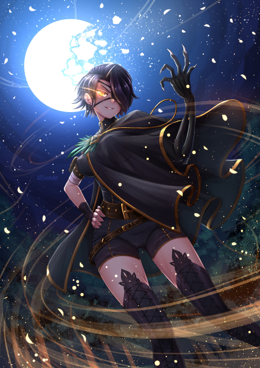 1girl, adsouto, black_hair, blush, breasts, broken, broken_moon, cinder_fall