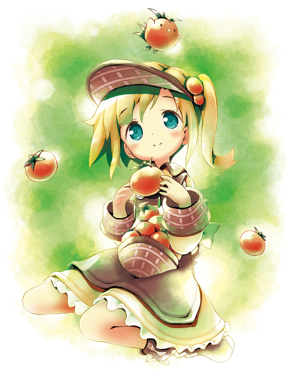 1girl, aikei_ake, animal, apron, bangs, boots, brown_apron, brown_dress, brown_footwear, brown_headwear, cross-laced_footwear, dress, eyebrows_visible_through_hair, food, full_body, green_eyes, green_hair, highres, holding, holding_food, knee_boots, lace-up_boots, long_sleeves, looking_away, one_side_up, original, solo, tomato, tomato_hair_ornament, visor_cap
