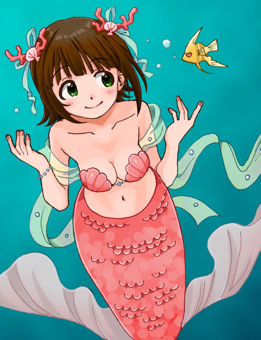 1girl, amami_haruka, bangs, bare_shoulders, blush, bracelet, breasts, brown_hair