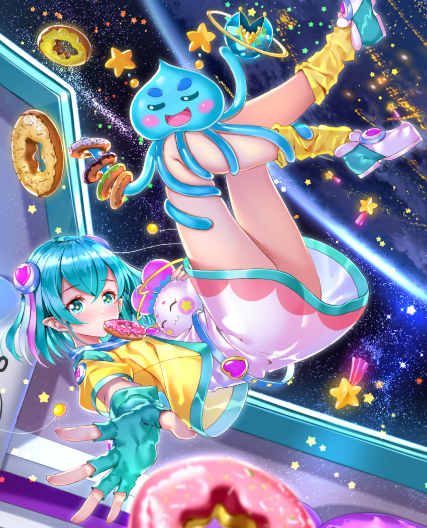 1girl, aqua_eyes, ass, bangs, blue_gloves, blue_hair, blurry, blurry_foreground, closed_mouth, commentary_request, depth_of_field, doughnut, dress, eyebrows_visible_through_hair, fingerless_gloves, fingernails, food, food_in_mouth, fuwa_(precure), gloves, hagoromo_lala, hair_between_eyes, hair_ornament, highres, jacket, looking_at_viewer, loose_socks, mouth_hold, open_clothes, open_jacket, outstretched_arm, pointy_ears, precure, prunce_(precure), puffy_short_sleeves, puffy_sleeves, shoes, short_sleeves, sky, space, star, star-shaped_pupils, star_(sky), star_twinkle_precure, starry_sky, swordsouls, symbol-shaped_pupils, white_dress, white_footwear, yellow_jacket, yellow_legwear, zero_gravity