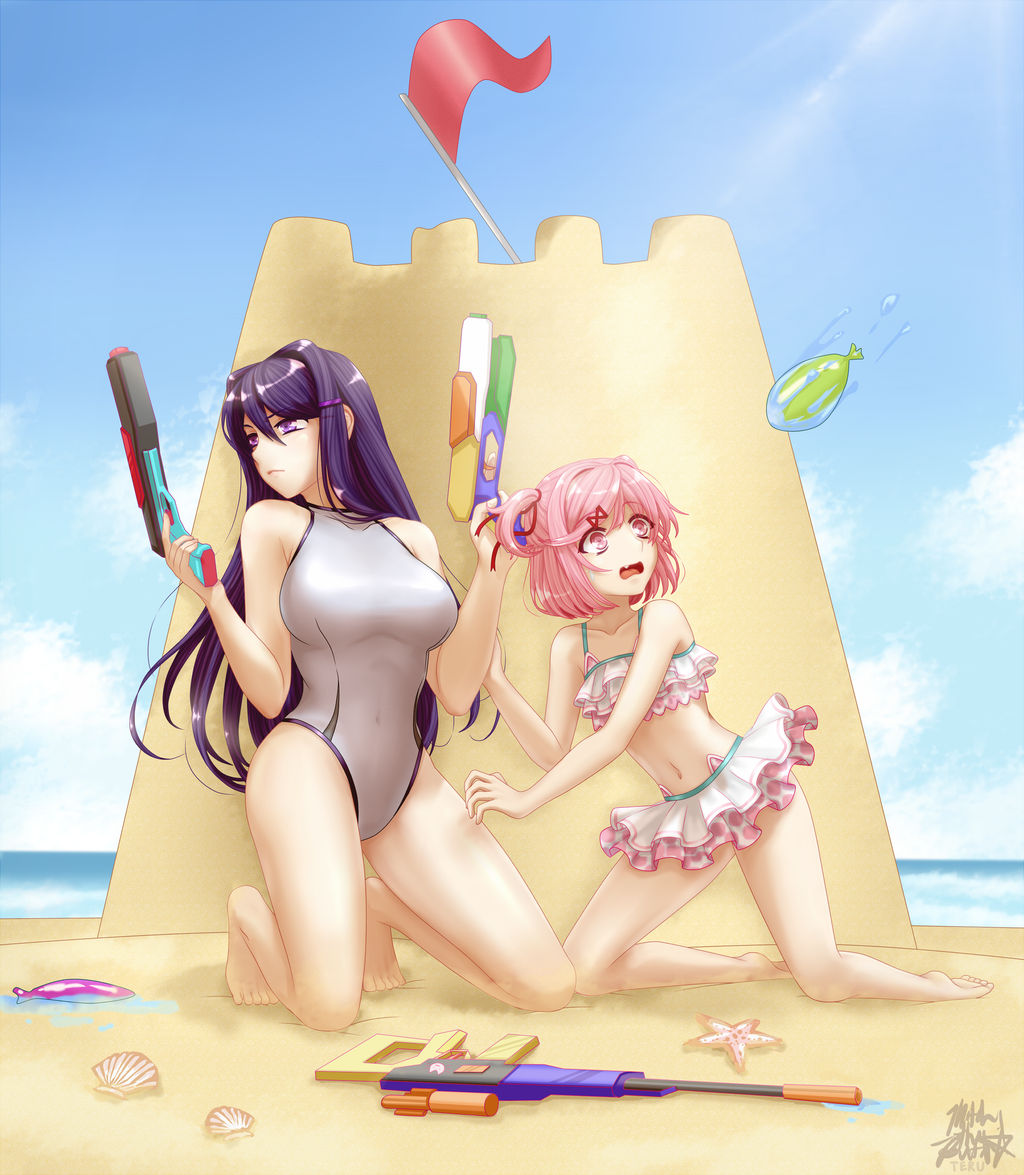 2girls, aterumichino, barefoot, beach, bikini, blue_sky, castle, commission
