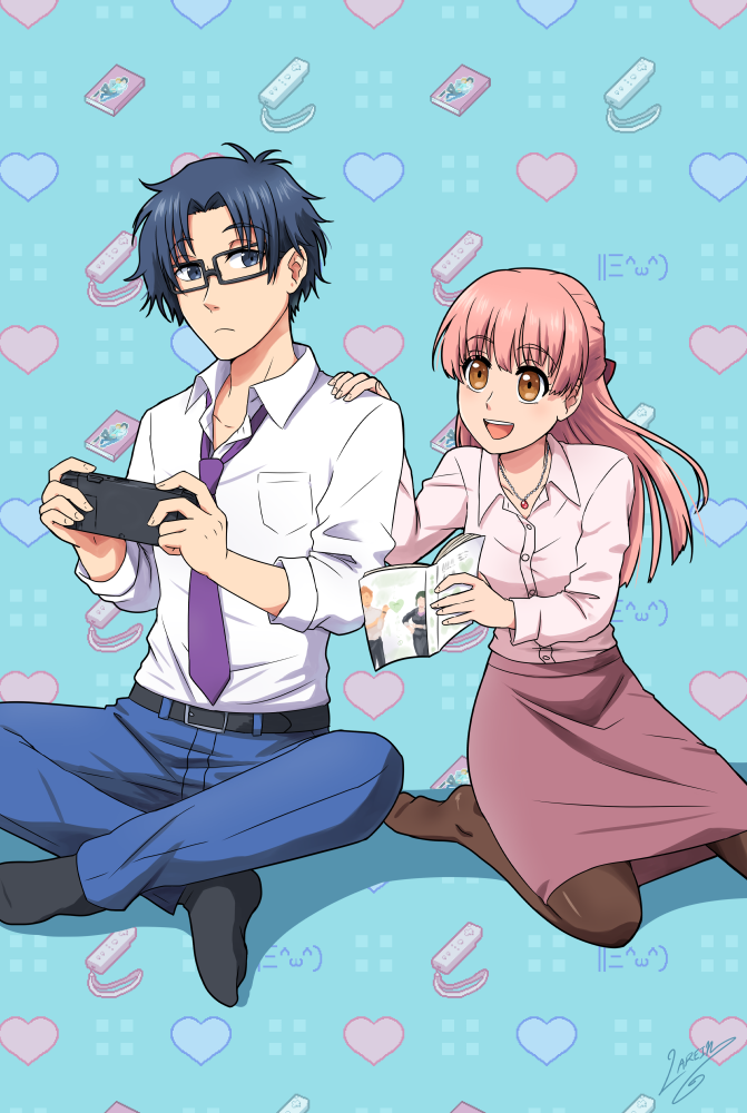 1boy, 1girl, :d, artist_name, black-framed_eyewear, black_hair, black_legwear, blue_background