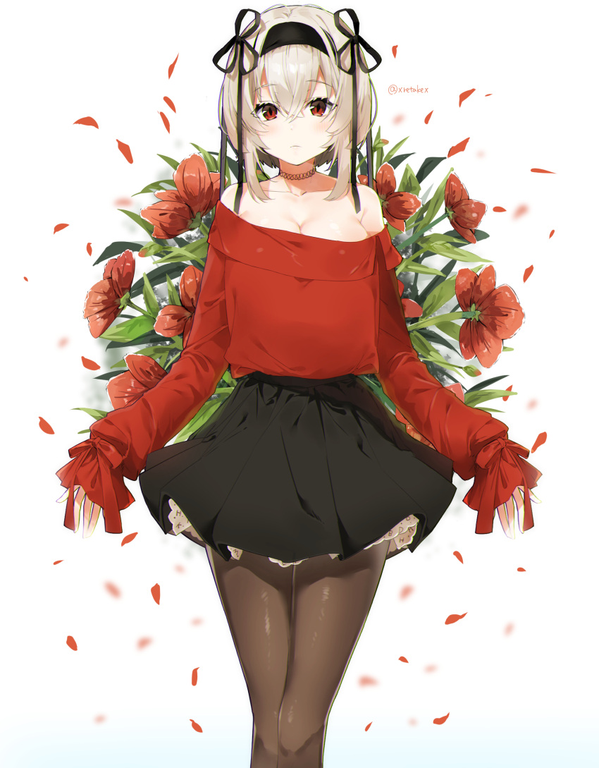 1girl, azur_lane, bangs, bare_shoulders, black_hairband, black_ribbon, black_skirt, blouse