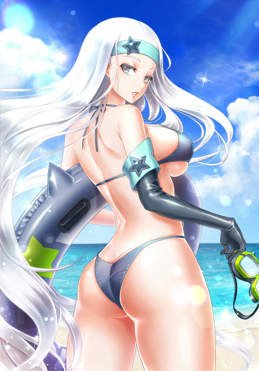 1girl, ass, bare_shoulders, beach, bikini, blue_bikini, blue_eyes, blue_sky