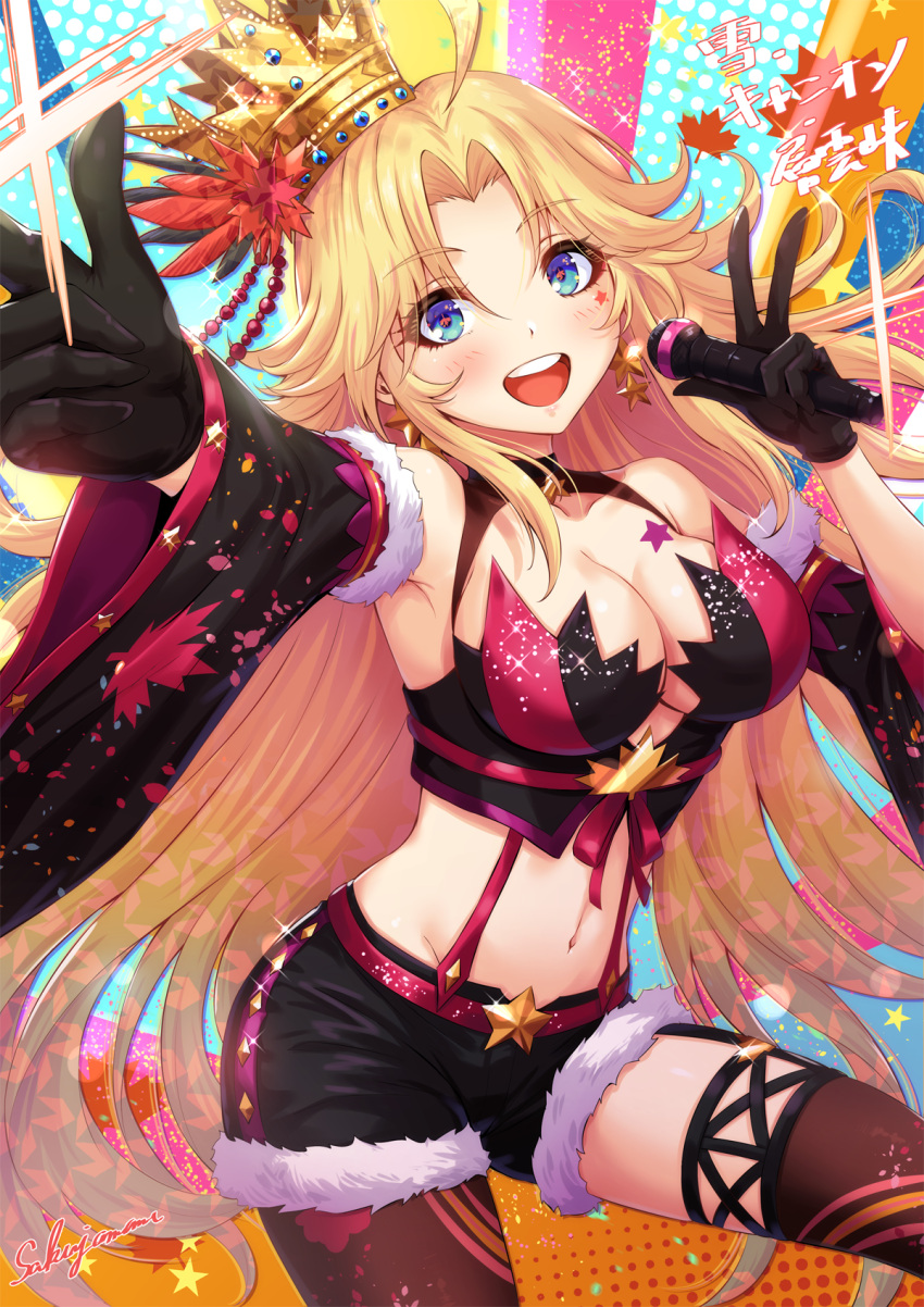 1girl, ahoge, alternate_costume, autumn_leaves, bangs, bare_shoulders, black_crop_top, black_gloves