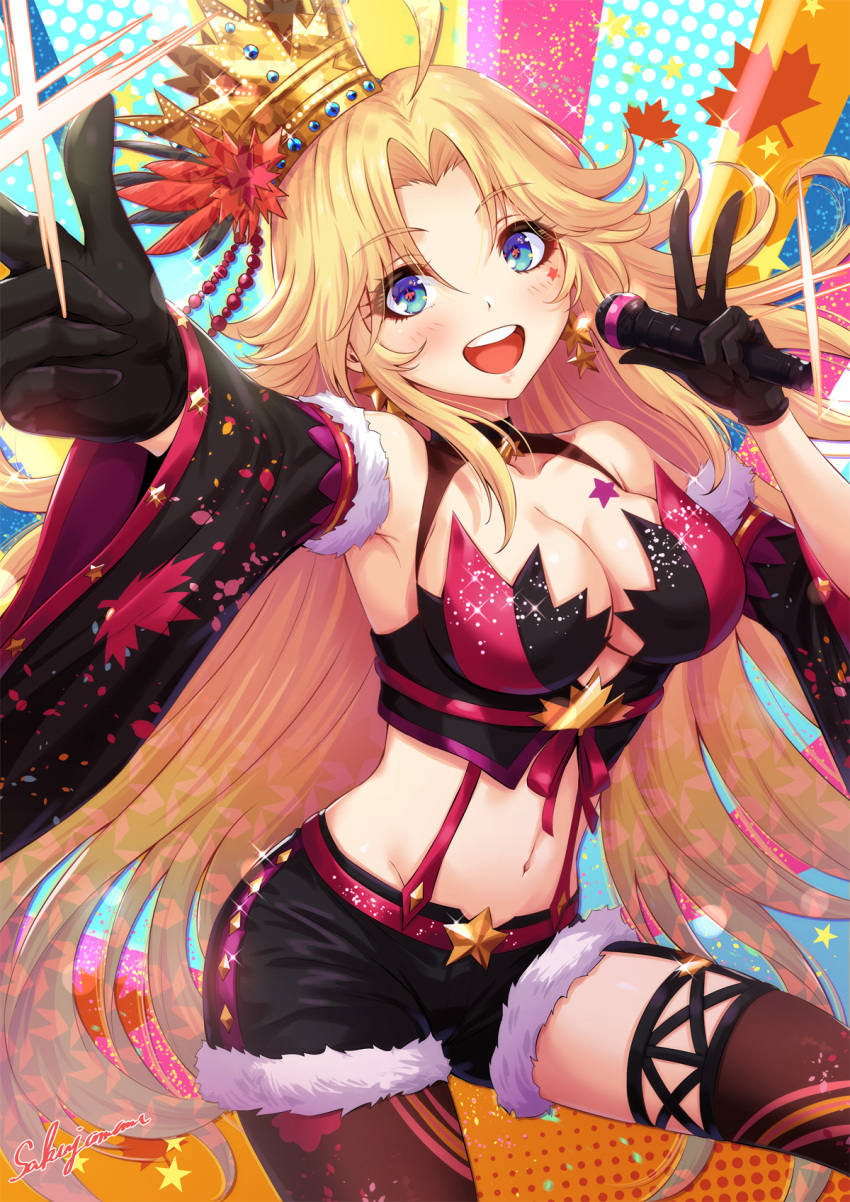 1girl, ahoge, alternate_costume, autumn_leaves, bangs, bare_shoulders, black_crop_top, black_gloves