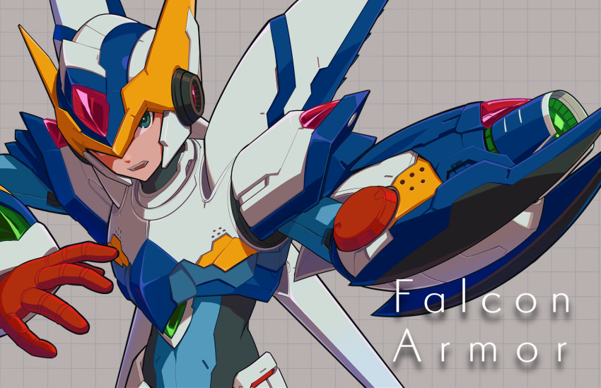 1boy, alternate_costume, alternate_form, android, arm_cannon, capcom, commentary_request, falcon_armor_x_(mega_man)