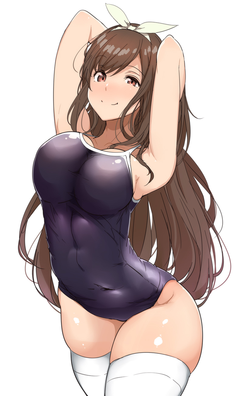 1girl, armpits, arms_behind_head, arms_up, bad_anatomy, bangs, bare_shoulders, blue_swimsuit, blush, bow, breasts, brown_eyes, brown_hair, cleavage, closed_mouth, commentary_request, covered_navel, hair_bow, hairband, highres, hip_focus, idolmaster, idolmaster_shiny_colors, large_breasts, long_hair, looking_at_viewer, one-piece_swimsuit, simple_background, smile, solo, swept_bangs, swimsuit, thigh-highs, thighs, tokiwa_midori_(kyokutou_funamushi), tsukioka_kogane, white_background, white_bow, white_legwear