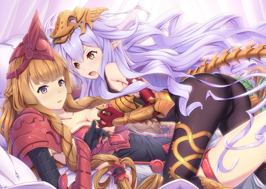 2girls, armor, armored_dress, ass, athena_(granblue_fantasy), bangs, bed, blonde_hair