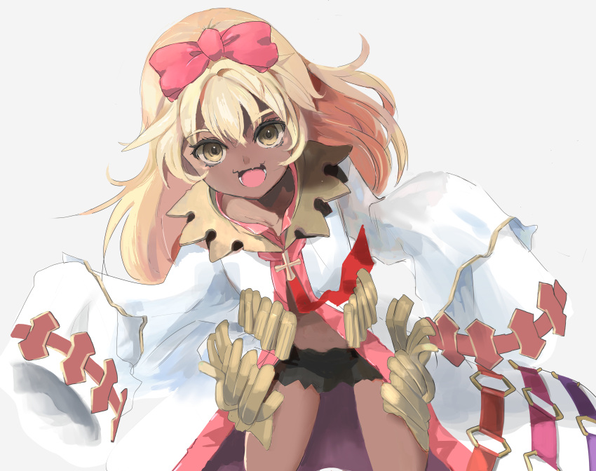 1girl, absurdres, blonde_hair, bow, crystar, dark_skin, fangs, hair_bow