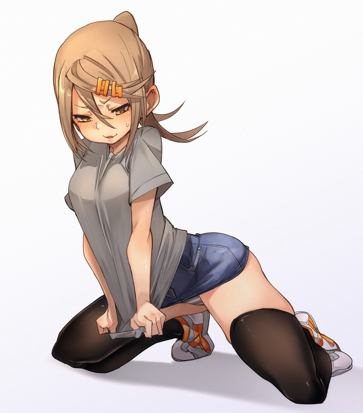 1girl, bangs, black_legwear, blush, brown_eyes, commentary_request, denim, denim_skirt