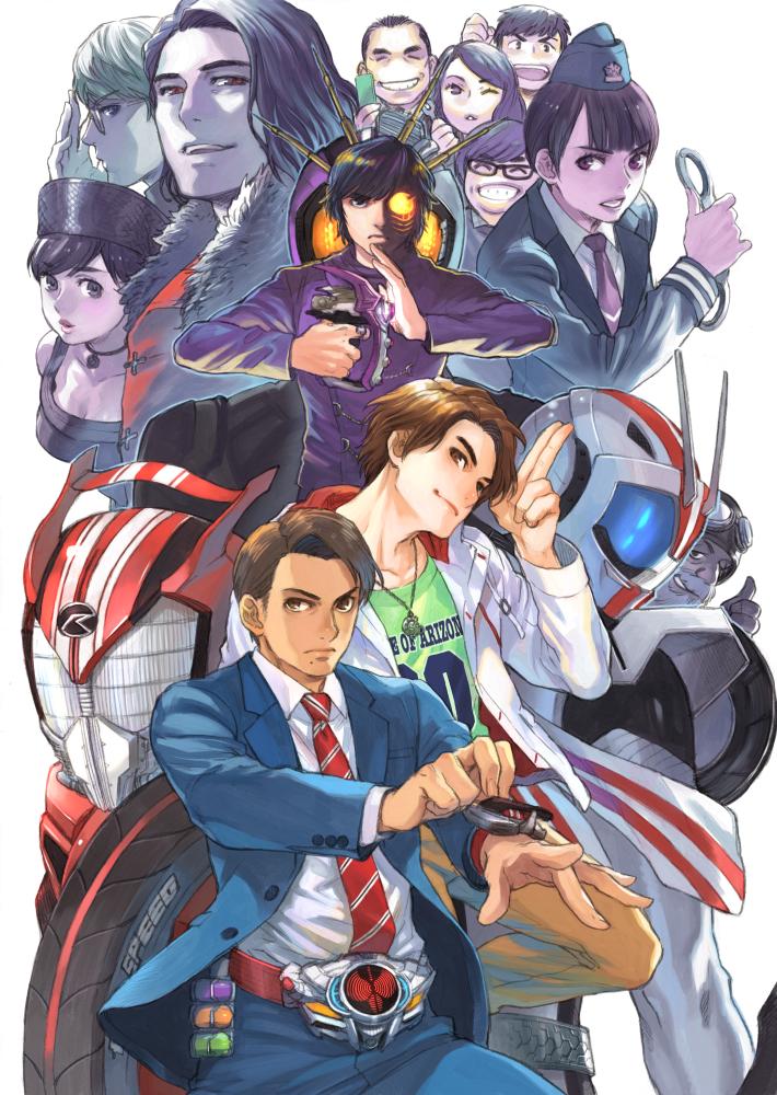 beard, belt-san, black_hair, brain_(kamen_rider_drive), brown_hair, chase_(kamen_rider_drive), cuffs, facial_hair