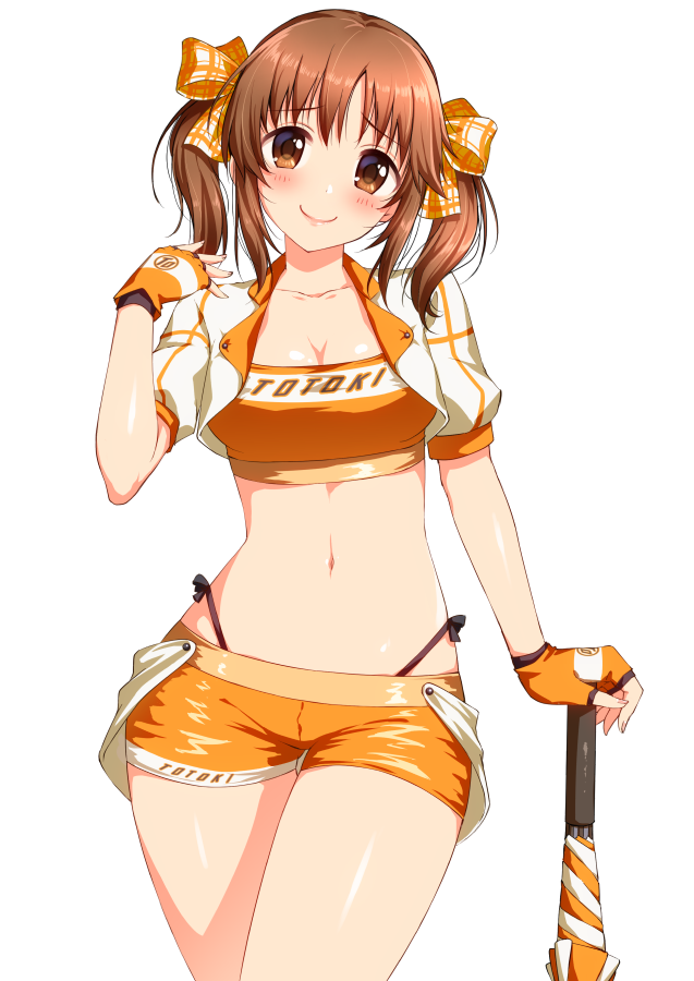 1girl, bandeau, bangs, blush, booth_babe, breasts, brown_eyes, brown_hair, cleavage, closed_mouth, cosplay, cropped_jacket, gloves, hair_ribbon, hand_up, head_tilt, highleg, highleg_panties, idolmaster, idolmaster_cinderella_girls, jacket, long_hair, looking_at_viewer, medium_breasts, midriff, navel, open_clothes, open_jacket, orange_ribbon, orange_shorts, panties, racequeen, ribbon, short_shorts, shorts, side-tie_panties, sidelocks, simple_background, smile, solo, stomach, totoki_airi, twintails, umbrella, underwear, white_background, yoyomura