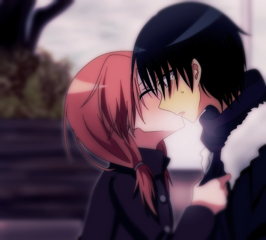 1boy, 1girl, ansatsu_kyoushitsu, black_coat, black_hair, black_scarf, blurry, blurry_background