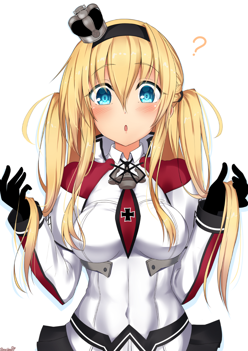 1girl, ?, bangs, black_gloves, blonde_hair, blue_eyes, blush, braid