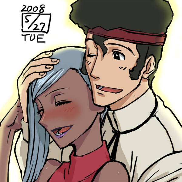1girl, bare_shoulders, blush, chin_rest, closed_eyes, code_geass, couple, cpt, dark_skin, happy, head_rest, headband, ikeda, ougi_kaname, silver_hair, sleeveless, sleeveless_turtleneck, smile, turtleneck, villetta_nu
