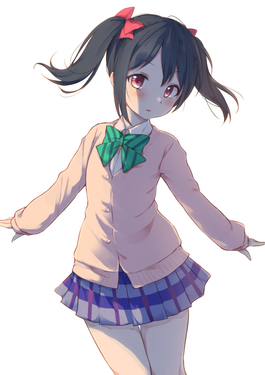 1girl, backlighting, black_hair, blue_skirt, blush, bow, brown_cardigan, cardigan