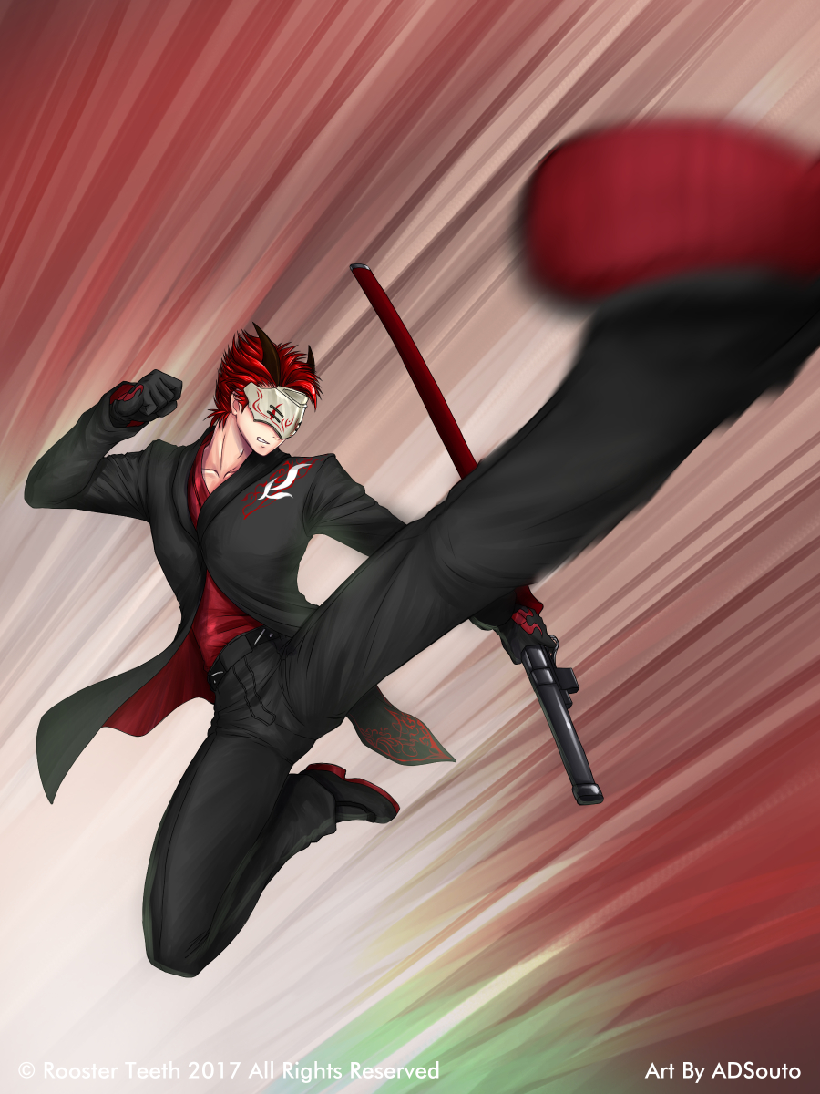 1boy, adam_taurus, adsouto, black_footwear, black_gloves, black_pants, flying_kick, gloves