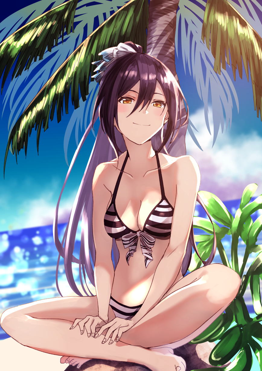 1girl, bangs, bare_arms, bare_legs, bare_shoulders, barefoot, beach, bikini