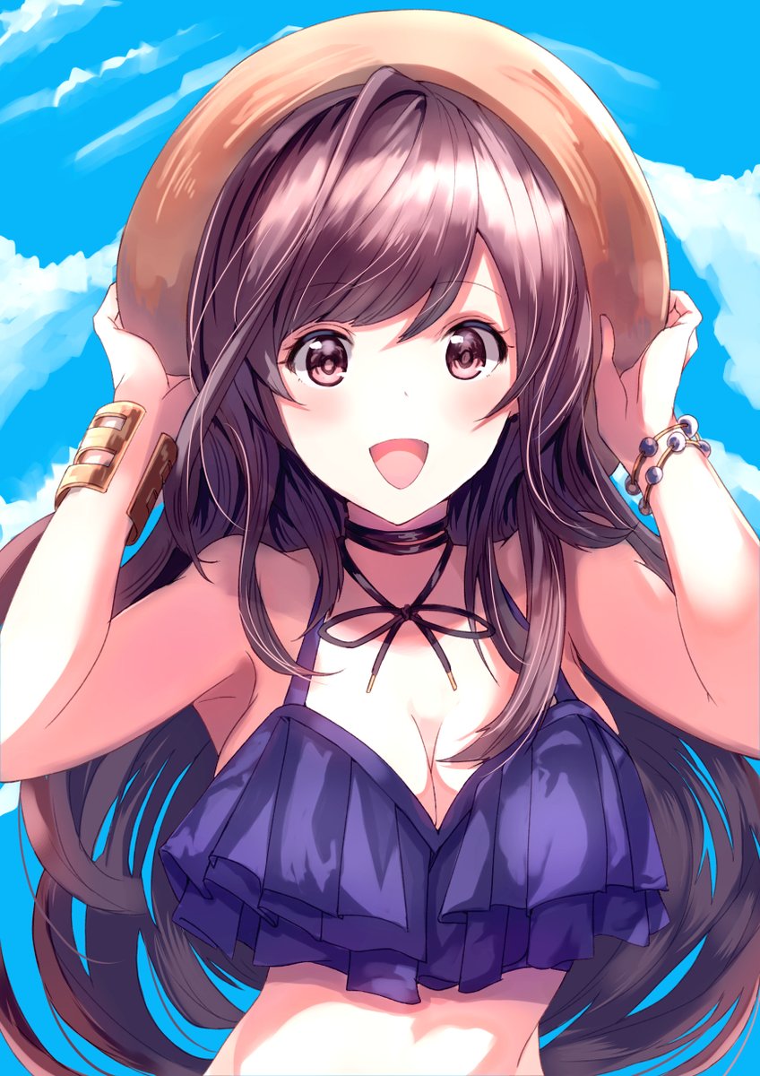 1girl, :d, armpits, bare_shoulders, bead_bracelet, beads, bikini, black_choker