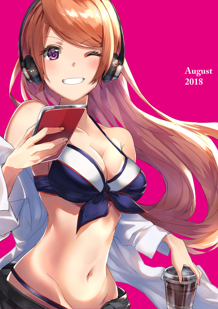 1girl, 2018, bangs, bare_shoulders, bikini, bikini_under_clothes, black_shorts, blue_bikini