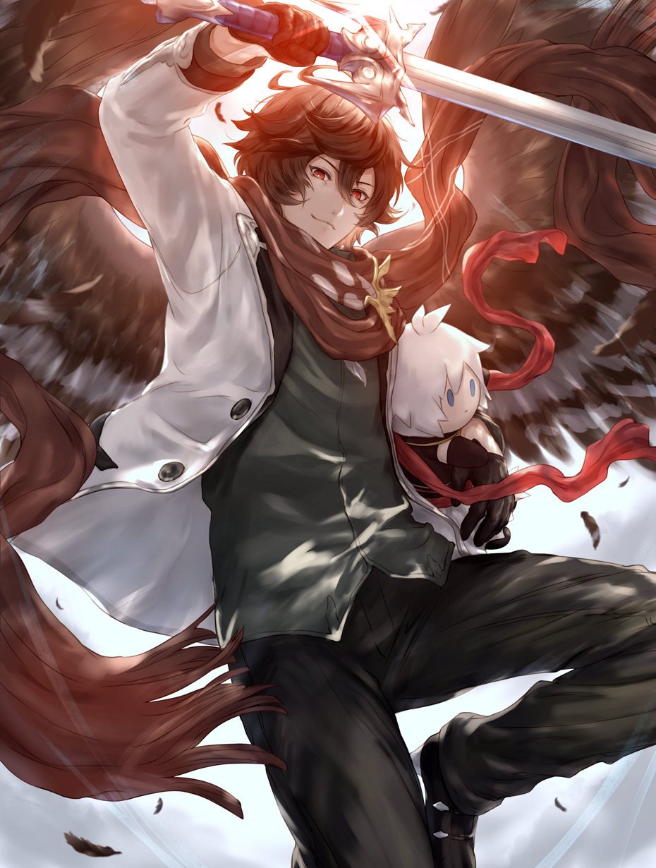1boy, alternate_costume, brown_hair, casual, character_doll, gloves, granblue_fantasy, highres