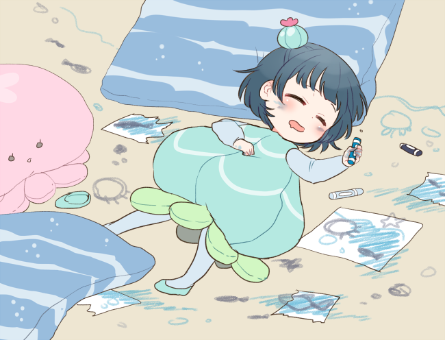 1girl, aqua_dress, aqua_footwear, beige_background, blue_hair, blue_legwear, blush, bun_cover