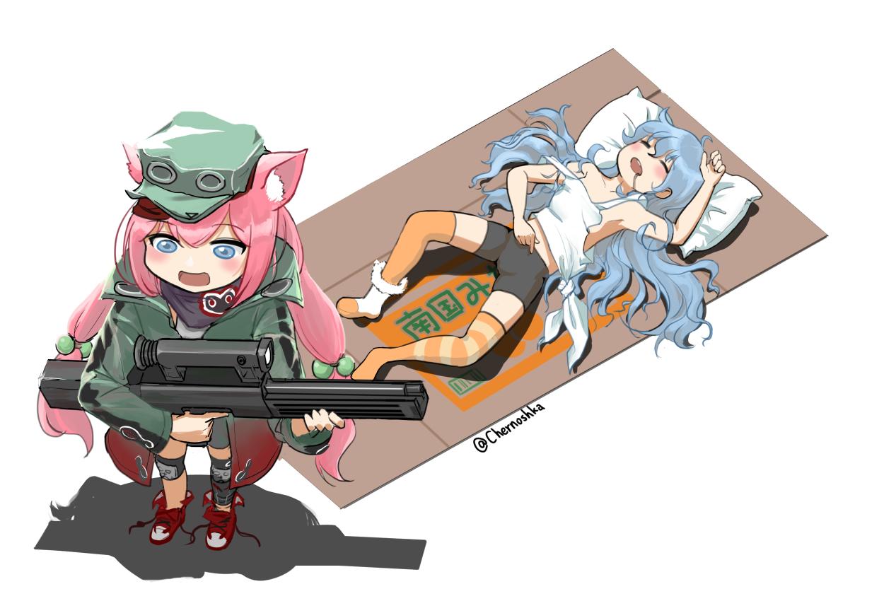 2girls, animal_ear_fluff, animal_ears, assault_rifle, bike_shorts, blue_eyes, cat_ears, chernoshka