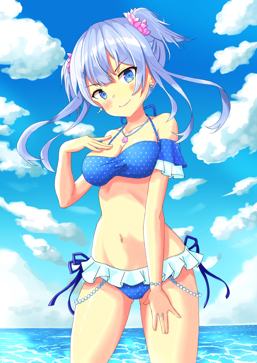 1girl, alternate_hairstyle, beach, bikini, blue_eyes, blue_hair, blush, breasts