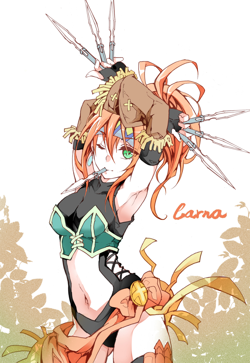 1girl, arm_warmers, armpits, arms_up, bandanna, black_gloves, breasts, character_name