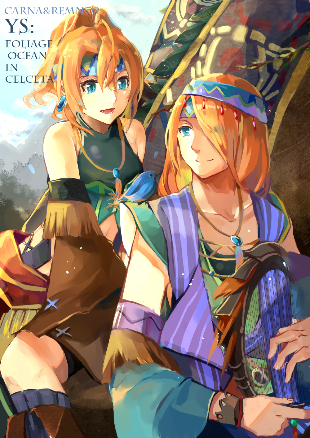 1boy, 1girl, animal, animal_on_shoulder, aqua_eyes, bandanna, bare_shoulders, bird_on_shoulder