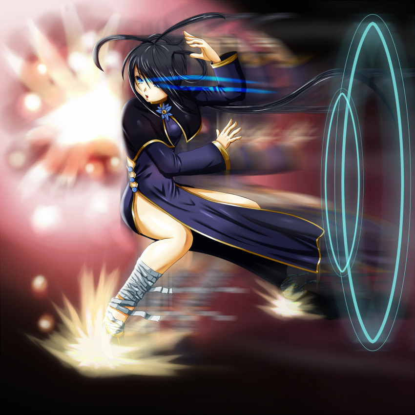 1girl, antenna_hair, bandage, bandaged_leg, bandages, black_hair, blue_dress, blue_eyes