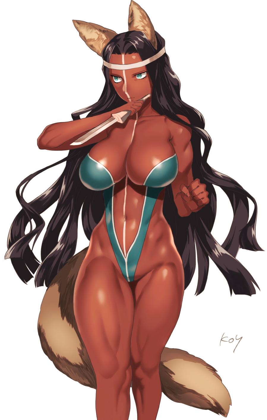 1girl, animal_ears, aqua_eyes, bare_shoulders, black_hair, bodypaint, breasts, cleavage