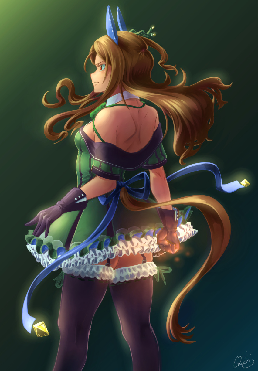 1girl, animal_ears, artist_name, bare_shoulders, black_gloves, black_legwear, blue_ribbon, bow
