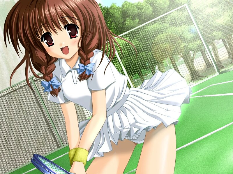 bow, braid, brown_eyes, brown_hair, da_pantsu!!, frilled_panties, frills, game_cg, hair_bow, natsukawa_sarasa, panties, pantyshot, pleated_skirt, racket, sakurai_mio, skirt, smile, sportswear, tennis, tennis_racket, tennis_uniform, twin_braids, underwear, white_panties, wristband, wristbands